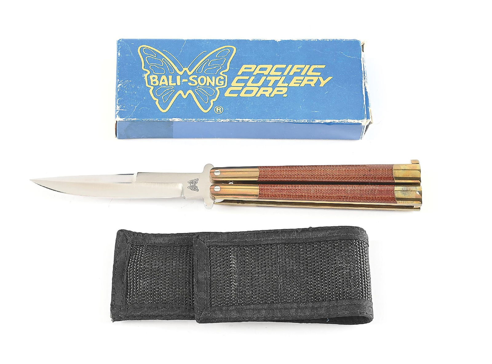 CUSTOM PACIFIC CUTLERY BALI-SONG USA JODY SAMSON BUTTERFLY KNIFE.: Appears unused and unsharpened. Bali-Song USA on reverse tang and Bal-Song Butterfly logo on obverse blade. Weehawk ground blade. Micarta handles. Brass frame. Original box and nylon pouch. Closed len