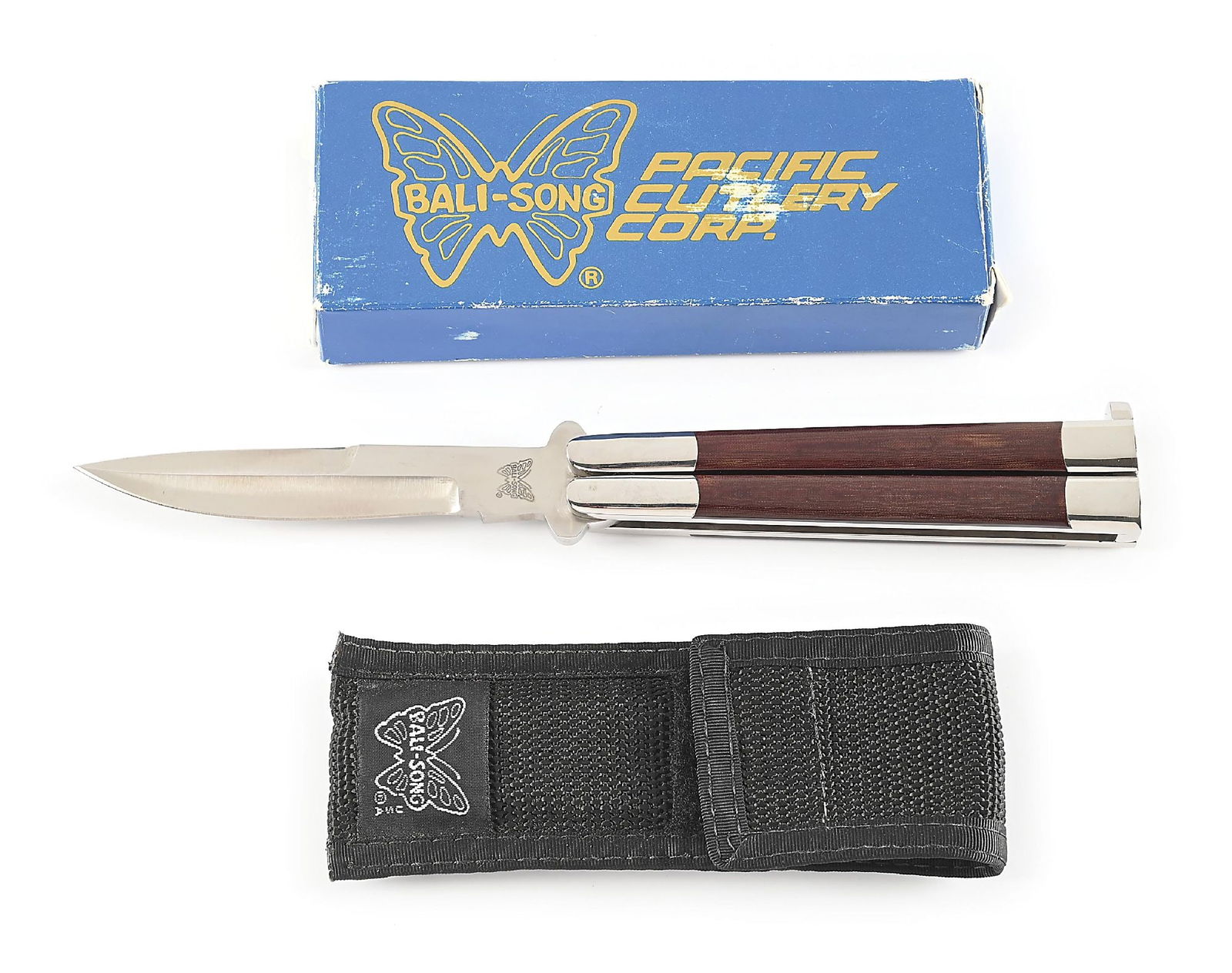 CUSTOM PACIFIC CUTLERY BALI-SONG USA JODY SAMSON BUTTERFLY KNIFE.: Appears unused and unsharpened. Bali-Song USA on reverse tang and Bal-Song Butterfly logo on obverse blade. Weehawk ground blade. Micarta handles. Original box and nylon pouch. Closed length 5”.