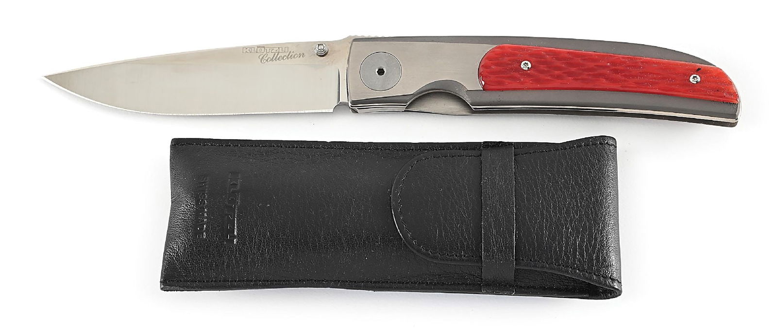 WALKER KLOTZLI DESIGN ATS-34 RED BONE & TITANIUM LINER LOCK.: Appears unused and unsharpened. Blade is marked on obverse “WALKER COLLECTION” and “ATS-34 WALKER DESIGN SWISS MADE” on reverse. Red jigged bone handles. Titanium frame and lin