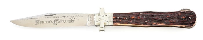 F.A KOCH & CO. MADE IN GERMANY LARGE MALTESE CROSS BOLSTER LOCK BACK HUNTER ETCHED “