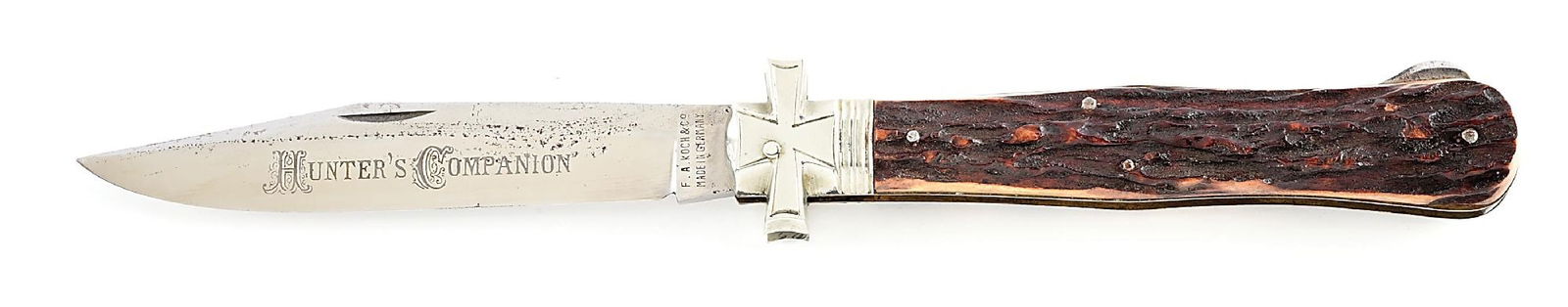 F.A KOCH & CO. MADE IN GERMANY LARGE MALTESE CROSS BOLSTER LOCK BACK HUNTER ETCHED “ (1 of 8)