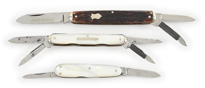 LOT OF 3: KEEN KUTTER ETCHED WHITTLER, LOBSTER, AND SENATOR POCKET KNIVES
