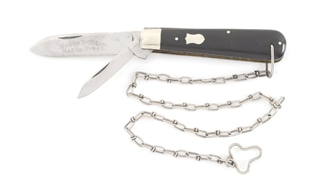 MAHER & GROSH LARGE SWELL END TWO BLADE JACK ETCHED WITH BAIL.