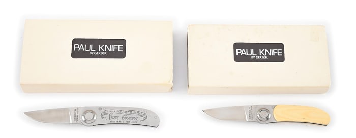 LOT OF 2: 1970S-80S GERBER PAUL KNIVES INCLUDING PETE GERBER 40TH ANNIVERSARY AND A GOLD MICARTA