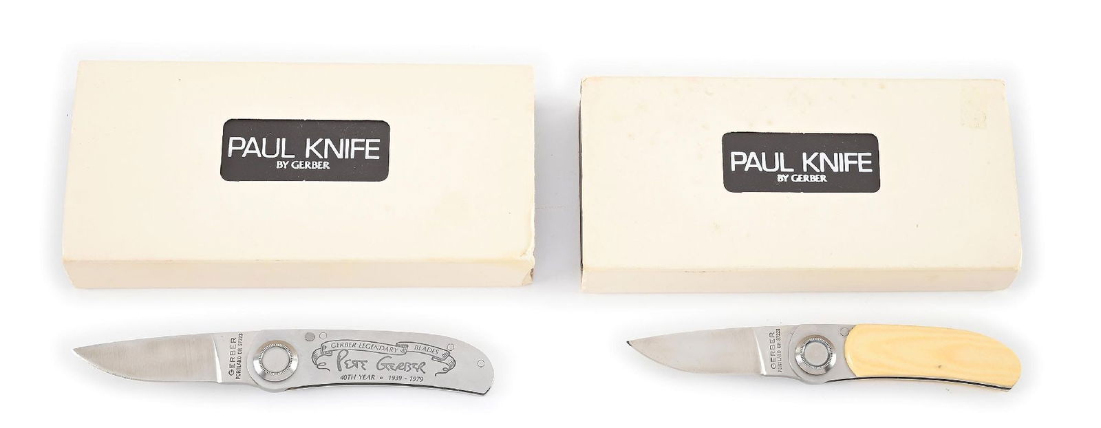 LOT OF 2: 1970S-80S GERBER PAUL KNIVES INCLUDING PETE GERBER 40TH ANNIVERSARY AND A GOLD MICARTA (1 of 8)