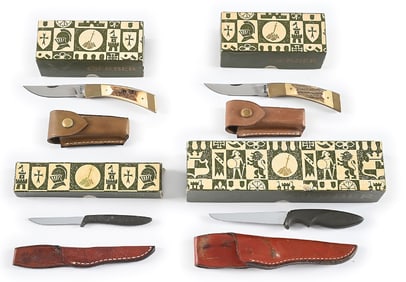 LOT OF 4: C. 1970S GERBER FOLDING AND SHEATH HUNTING KNIVES.