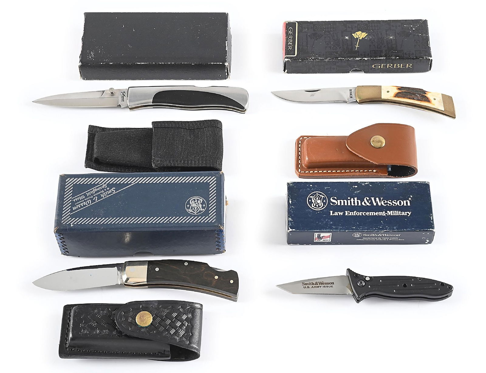 LOT OF 4: GERBER, BLACKJACK MAMBA AND SMITH & WESSON FOLDING KNIVES IN ORIGINAL BOXES. (1 of 13)