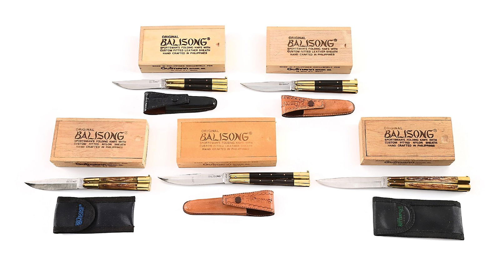 LOT OF 5: ORIGINAL BALISONG SPORTSMAN BUTTERFLY KNIVES BY GUTMANN CUTLERY CO. IN ORIGINAL WOODEN (1 of 7)