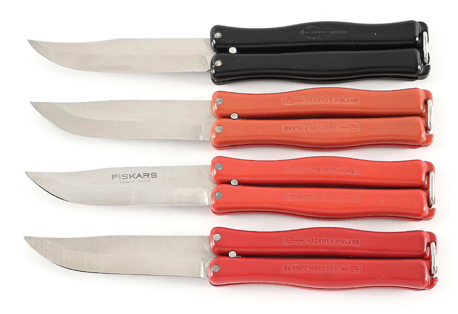 LOT OF 4: HACKMAN FINLAND BUTTERFLY SAFETY CIA KNIVES RED AND BLACK HANDLES. (1 of 9)