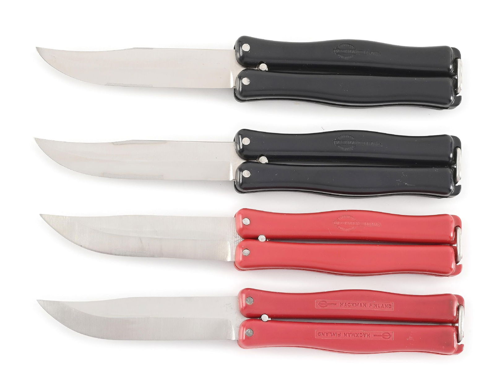 LOT OF 4: HACKMAN FINLAND BUTTERFLY SAFETY CIA KNIVES RED AND BLACK HANDLES.: Lot consists of: (A) Appears unused and unsharpened. Black handle is marked “STAINLESS SORSAKOSKI HACKMAN FINLAND”. Locks open and closed firmly. With leather pouch. CONDITION: Excellent.