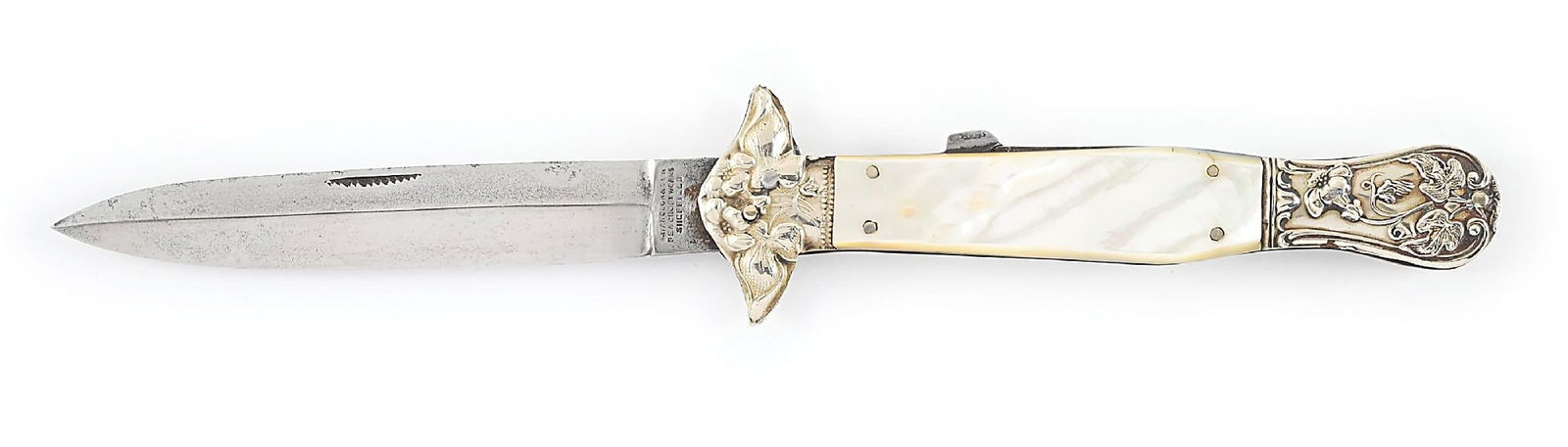 SAMUEL HANCOCK & SON PEACROFT WORKS SHEFFIELD MOTHER OF PEARL HANDLE FOLDING LOCK BACK DIRK. (1 of 7)