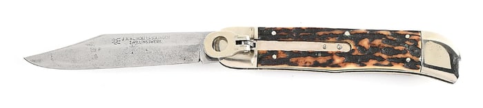 C. 1920S-30S J.A. HENCKELS SOLINGEN ZWILLINGSWERK LEVER LOCK STAG HANDLE SWITCHBLADE.