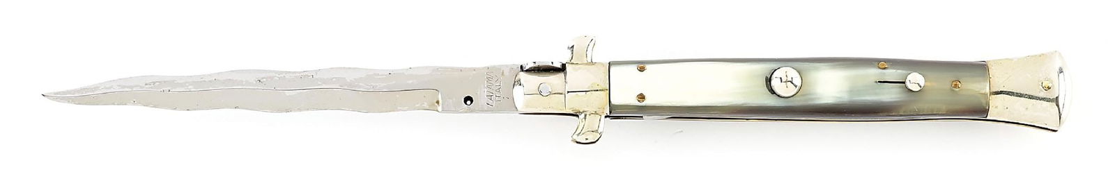 RARE C.1950S LATAMA ITALY KRIS BLADE ITALIAN STILETTO PICK LOCK SWITCHBLADE WITH BLONDE BRAZILIAN: Appears unused and unsharpened. The blade is tang stamped “LATAMA (slanted block letters) ITALY” on obverse and “PATENT 35958” on reverse. Kris blade. Beautiful blonde