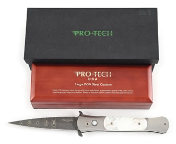 PRO TECH CUSTOM SHOP THE DON STEEL CUSTOM MOTHER OF PEARL ENGRAVED AND DAMASCUS BLADE SWITCHBLADE IN