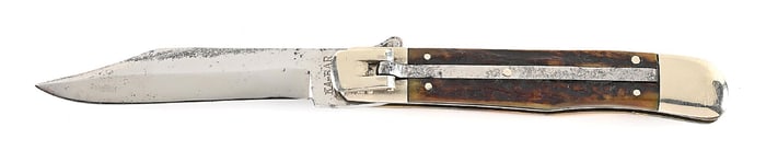C. 1920S KA-BAR UNION CUTLERY CO. OLEAN, NY USA LEVER LOCK STAG HANDLE SWITCHBLADE.