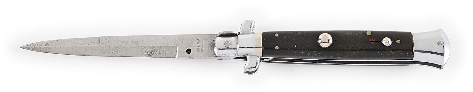 C.1950S CORICAMA MADE IN ITALY BAYONET BLADE ITALIAN PICK LOCK STILETTO SWITCHBLADE WITH BRAZILIAN: Appears unused and unsharpened with light patina and age spots on the blade. Bayonet blade is tang stamped “CORICAMA MADE IN ITALY” on obverse. Brazilian cow horn handles. Steel bolsters