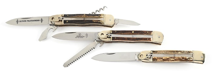 LOT OF 3: C.1960S-90S HUBERTUS STAG LEVER LOCK SWITCHBLADES INCLUDING BOY SCOUT/CAMPER.