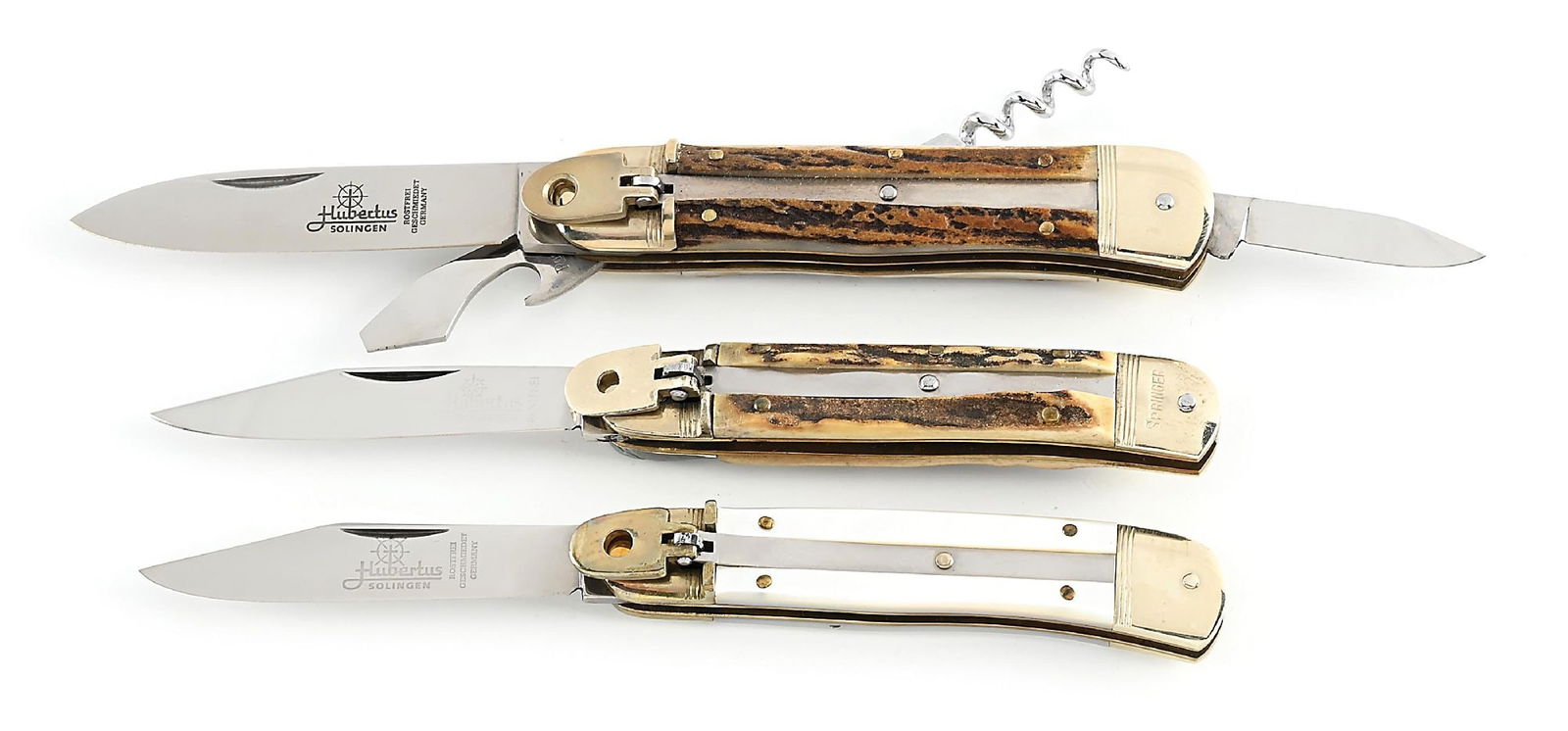 LOT OF 3: C.1970S-90S HUBERTUS SOLINGEN W. GERMANY AND GERMANY ROSTFREI STAG HANDLE SCOUT, MOTHER OF: Lot consists of: (A) Appears unused and unsharpened marked “Germany”. Four blade scout. Main blade is fully etched on obverse. Works fine. Locks open firmly. Nickel silver bolsters and