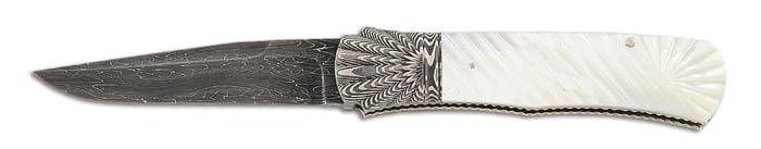 KEN STEIGERWALT CUSTOM MADE DAMASCUS, MOKUME, AND MOTHER OF PEARL SCALE RELEASE SWITCHBLADE.