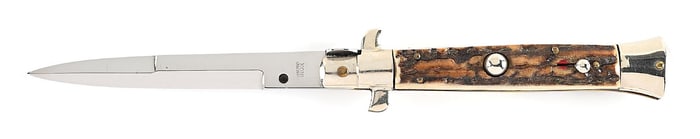 C. 1950S-60S CORICAMA INOX BAYONET BLADE ITALIAN STILETTO PICK LOCK SWITCHBLADE WITH STAG HANDLES