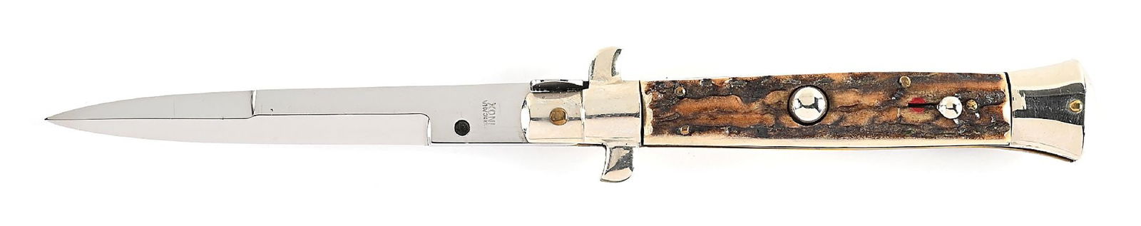 C. 1950S-60S CORICAMA INOX BAYONET BLADE ITALIAN STILETTO PICK LOCK SWITCHBLADE WITH STAG HANDLES: Appears unused and unsharpened. The blade is tang stamped “CORICAMA INOX” on obverse. Stag handles. Nickel silver bolsters and brass liners. Works fine. Locks open firmly. Fully lined top