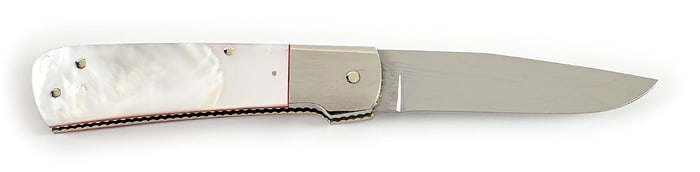CUSTOM KEN STEIGERWALT MOTHER-OF-PEARL SCALE RELEASE SWITCHBLADE.