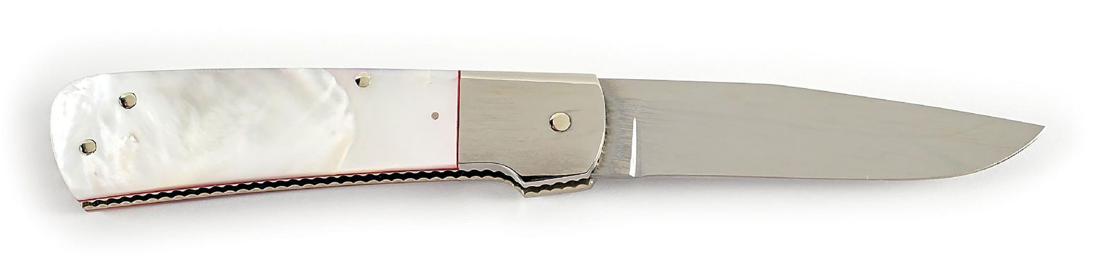CUSTOM KEN STEIGERWALT MOTHER-OF-PEARL SCALE RELEASE SWITCHBLADE.: Appears unused and unsharpened. Blade is tang marked with a clam shell on obverse and “KAS” inside the back strap. Works fine. Locks open firmly. File worked nickel silver liners and