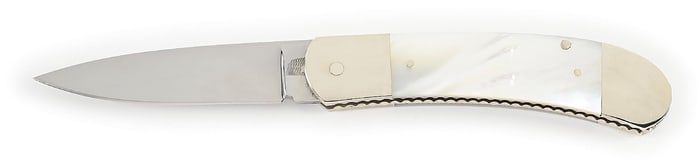 CUSTOM KEN STEIGERWALT MOTHER-OF-PEARL SCALE RELEASE SWITCHBLADE.