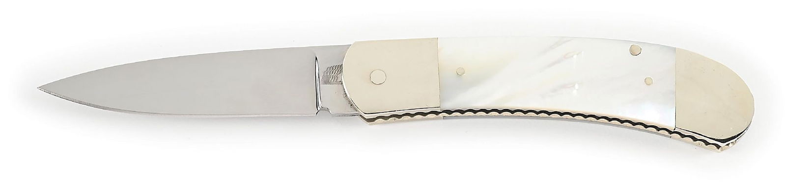 CUSTOM KEN STEIGERWALT MOTHER-OF-PEARL SCALE RELEASE SWITCHBLADE.: Appears unused and unsharpened. Blade is tang marked with a USA flag on obverse. This was the mark he used due to the knife laws at the time. Works fine. Locks open firmly. File worked nickel silver