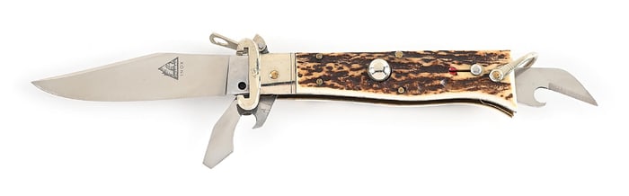 C. 1950S-60S INDIANA INOX STAG HANDLE MULTI-BLADE SHOT SHELL PULLER FULCRUM LOCK SPORTSMAN’S