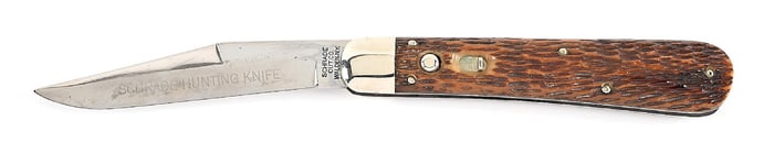 SCHRADE CUT CO. WALDEN, NY. JIGGED PEACH SEED BONE HANDLE SCHRADE HUNTING KNIFE SWITCHBLADE WITH