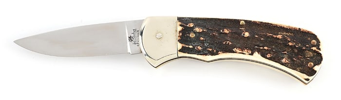 HUBERTUS SOLINGEN GERMANY STAG HANDLE SCALE RELEASE SWITCHBLADE PUMA 4 STAR PATTERN.