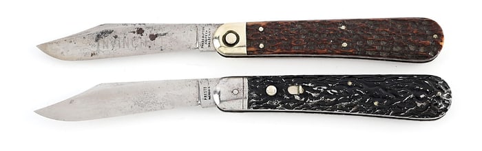 LOT OF 2: PRESS BUTTON KNIFE CO. WALDEN NY. INVINCIBLE SWITCHBLADE. CLOSED LENGTH 4-7/8” AND A