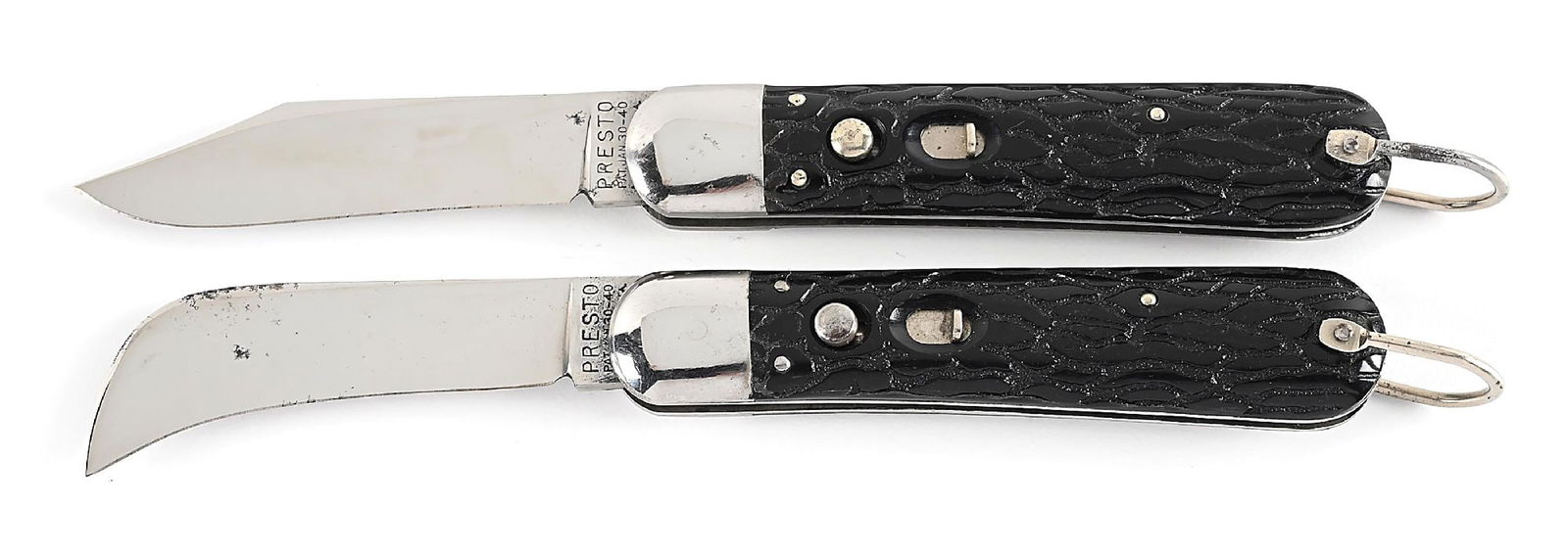 LOT OF 2: PRESTO PAT. JAN 30-40 MADE IN USA M2 PARATROOPER WITH BAIL SWITCHBLADE KNIVES.: Lot consists of: (A) C. 1930s-40s Presto M2 Paratrooper switchblade knife. Exceptional condition. Appears unused and unsharpened. The blade is tang stamped “PRESTO PAT. JAN. 30-40” on obve