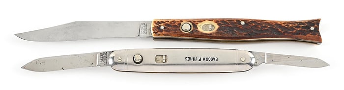 LOT OF 2: PRESTO BONE HANDLE FISHTAIL, AND A METAL HANDLE 2 BLADE SWITCHBLADE KNIVES.