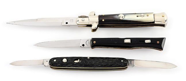 LOT OF 3: ITALIAN PICK LOCK, ACKERMANNCHEN ROSTFREI LOCK BACK SWITCHBLADE, AND SCHRADE DOUBLE