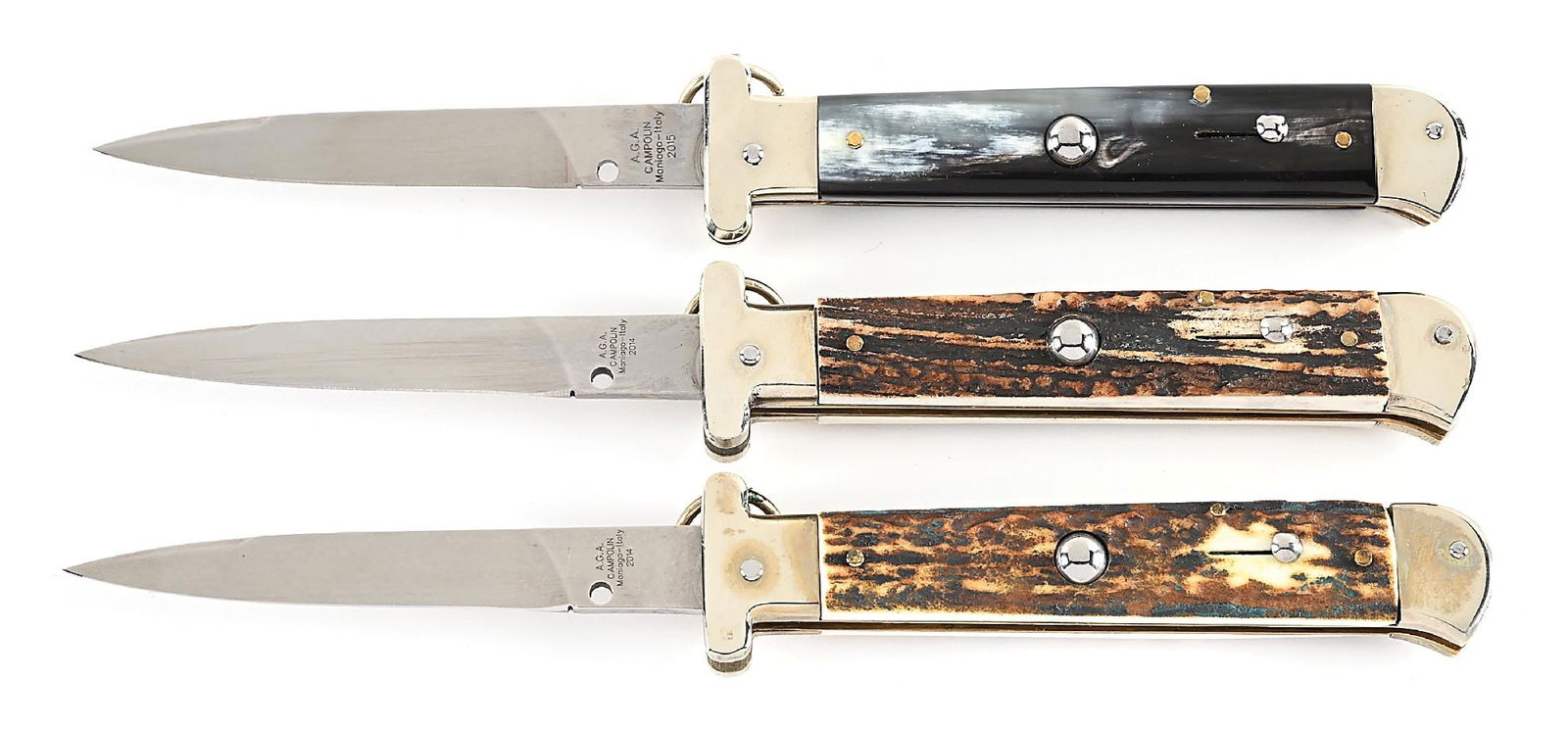 LOT OF 3: A.G.A. CAMPOLIN DISCONTINUED ITALIAN BRAZILIAN COW HORN AND STAG IL FRANCESE RING PULL: Lot consists of: (A) A.G.A. Campolin Italry Maniago Italy 2015 IL Francese ring pull pick lock switchblade. Appears unused and unsharpened. Transition/swedge blade is tang marked “A.G.A. CAMPOLI