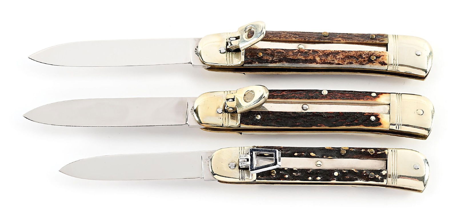LOT OF 3: C. 1970S-80S ROBT. KLAAS KISSING CRANE STAG LEVER LOCK SWITCHBLADES. (1 of 10)