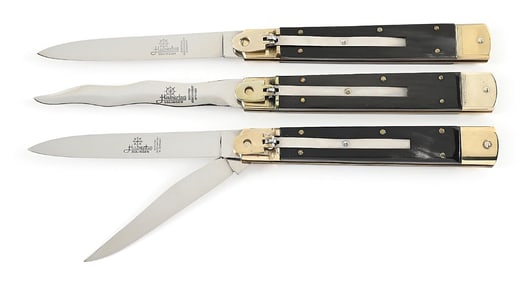 LOT OF 3: C.1970S-90S HUBERTUS SOLINGEN GERMANY ROSTFREI BUFFALO HORN LARGE SLIMLINE SWITCHBLADES.
