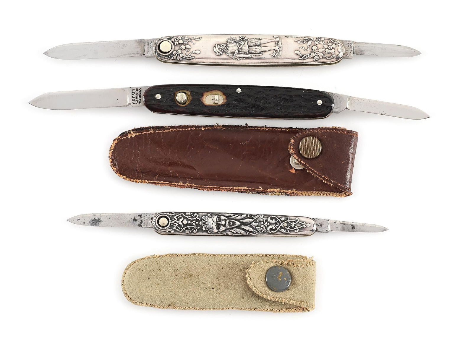 LOT OF 3: PRESS BUTTON KNIFE CO. AND PRESTO STERLINE DOUBLE BLADE SWITCHBLADES.: Lot consists of: (A) Appears unused and unsharpened. Both blades marked on obverse “PRESS BUTTON KNIFE CO. WALDEN, NY” and “U.S. PAT. 470605” on reverse. Both blades lock open