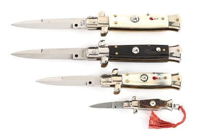 LOT OF 4: ITALIAN HORN AND STAG HANDLE STILETTO SWITCHBLADES.