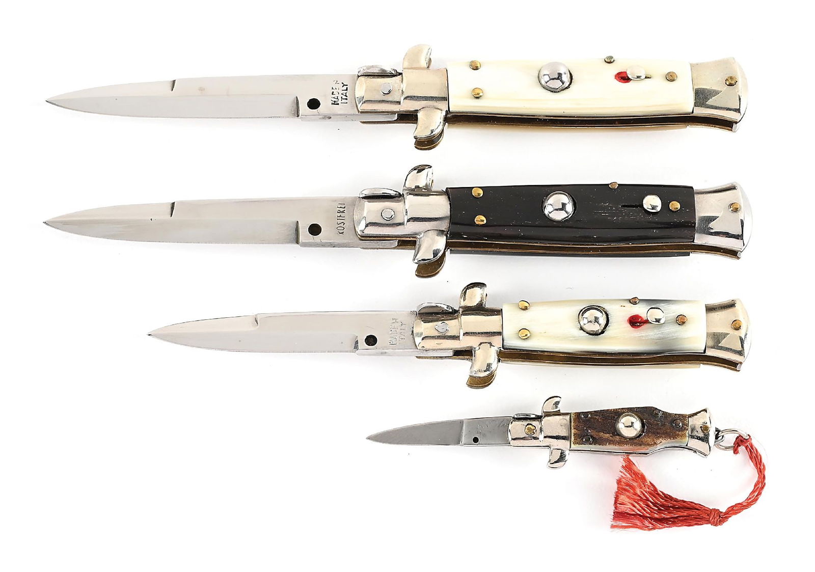 LOT OF 4: ITALIAN HORN AND STAG HANDLE STILETTO SWITCHBLADES. (1 of 14)