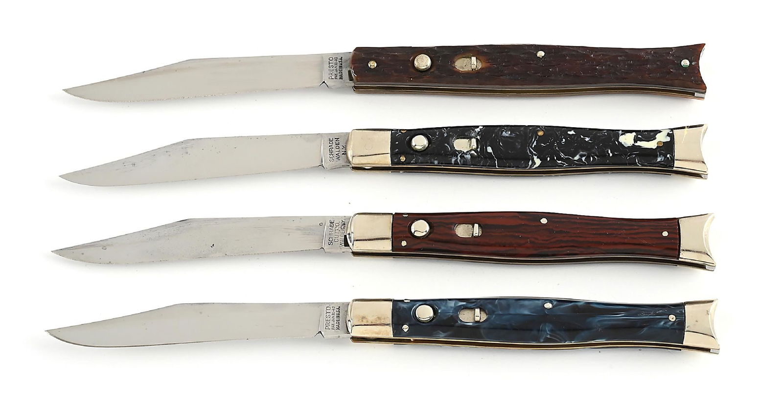 LOT OF 4: PRESTO AND SCHRADE FISHTAIL SWITCHBLADE KNIVES. (1 of 8)