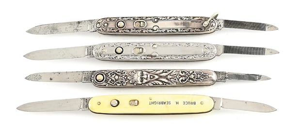 LOT OF 4: PRESS BUTTON KNIFE CO., SCHRADE CUT CO., SCHRADE WALDEN NY DOUBLE BLADE SWITCHBLADES,