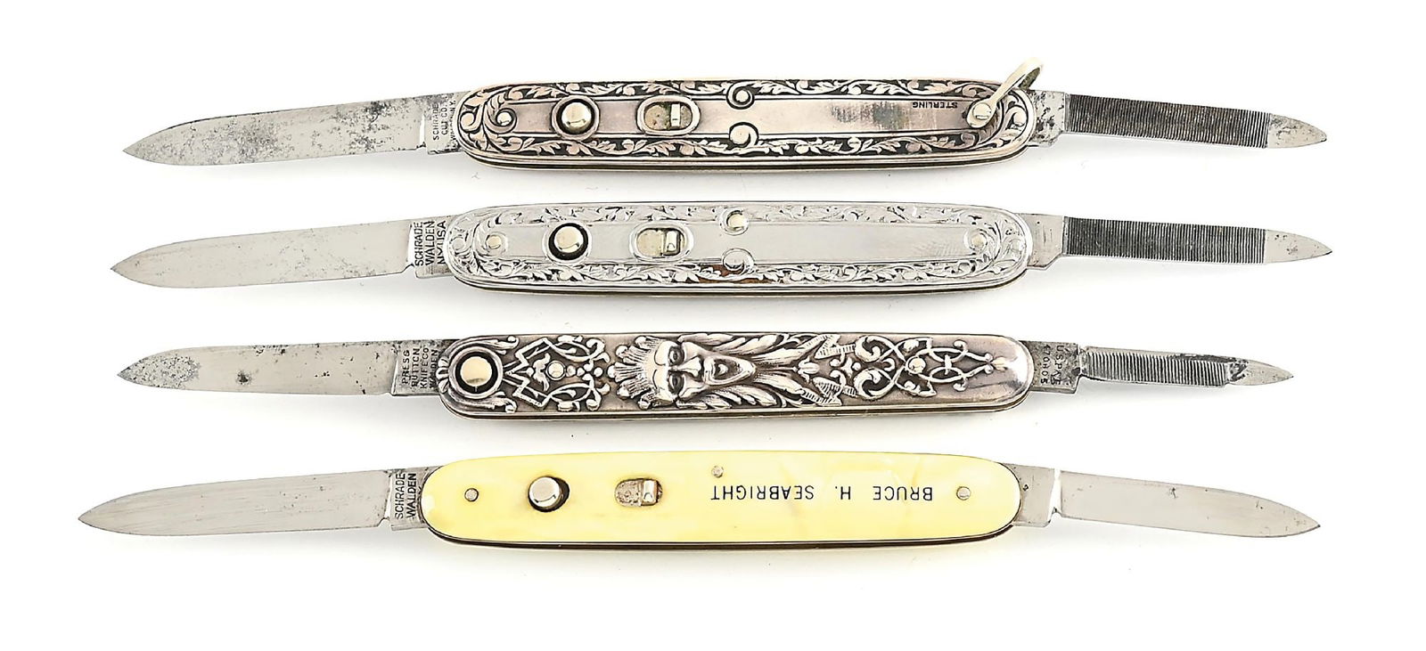 LOT OF 4: PRESS BUTTON KNIFE CO., SCHRADE CUT CO., SCHRADE WALDEN NY DOUBLE BLADE SWITCHBLADES, (1 of 10)