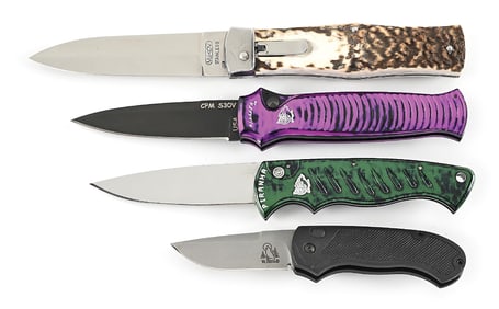 LOT OF 4: MIKOV STAG LEVER LOCK, PIRANA BODY GUARD, AND PIRANA WOODARD SWITCHBLADE KNIVES.