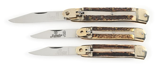 LOT OF 3: C. 1970S-80S HUBERTUS SOLINGEN W. GERMANY ROSTFREI STAG LEVER LOCK SWITCHBLADES.