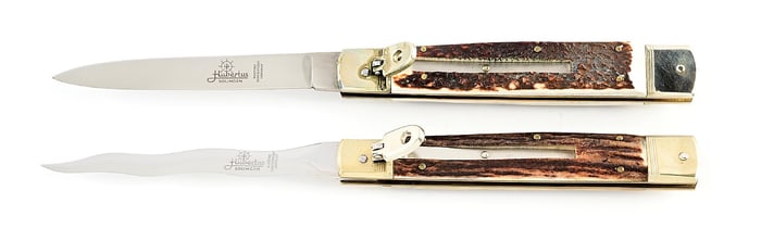 LOT OF 2: C.1970S-90S HUBERTUS SOLINGEN GERMANY ROSTFREI STAG LARGE SLIMLINE SWITCHBLADES.
