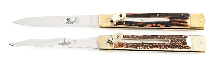 LOT OF 2: C.1970S-90S HUBERTUS SOLINGEN GERMANY ROSTFREI STAG LARGE SLIMLINE SWITCHBLADES.