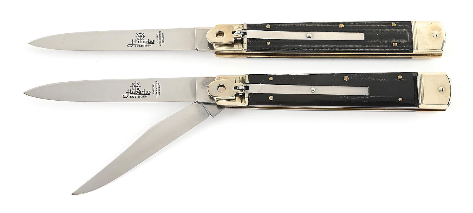 LOT OF 2: C.1970S-90S HUBERTUS SOLINGEN GERMANY ROSTFREI BUFFALO HORN LARGE SLIMLINE SWITCHBLADES. (1 of 8)